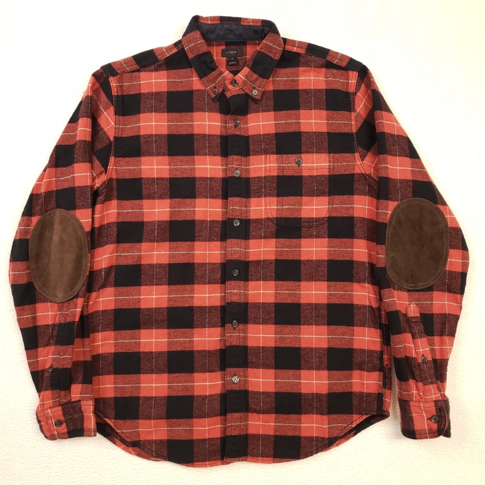 J.Crew Button Down Flannel Shirt Mens Medium Red Black Buffalo Check Elbow Patch